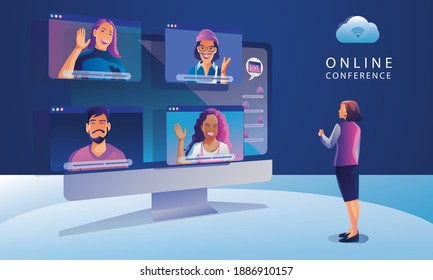 Businessmen use Video conference landing Working People on window screen taking with colleagues. Videoconferencing and online meeting workspace page, man and woman learning Vector illustration, Flat s