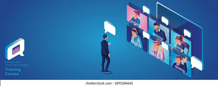 Businessmen use Video conference landing Working People on window screen taking with colleagues. Videoconferencing and online meeting workspace page, man and woman learning Vector illustration, Flat	