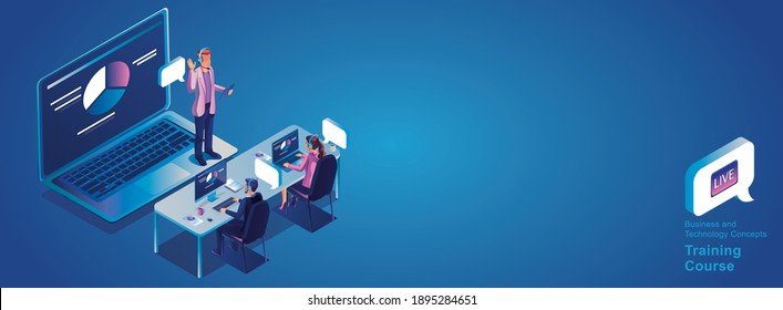 Businessmen use Video conference landing Working People on window screen taking with colleagues. Videoconferencing and online meeting workspace page, man and woman learning Vector illustration, Flat	