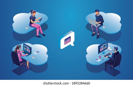 Businessmen use Video conference landing Working People on window screen taking with colleagues. Videoconferencing and online meeting workspace page, man and woman learning Vector illustration, Flat	