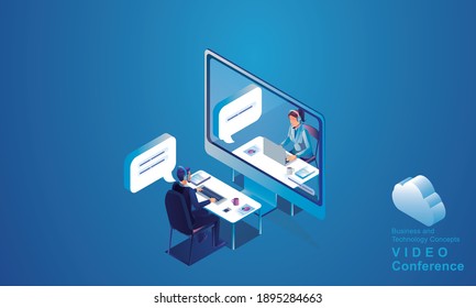 Businessmen Use Video Conference Landing Working People On Window Screen Taking With Colleagues. Videoconferencing And Online Meeting Workspace Page, Man And Woman Learning Vector Illustration, Flat	