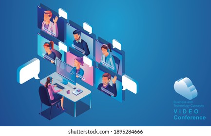 Businessmen use Video conference landing Working People on window screen taking with colleagues. Videoconferencing and online meeting workspace page, man and woman learning Vector illustration, Flat	