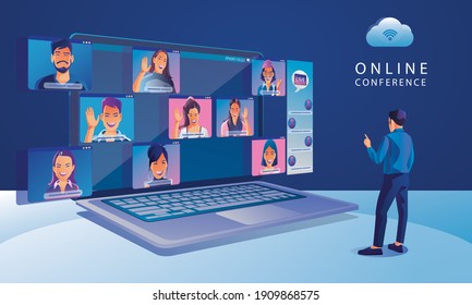 Businessmen use Video conference landing Working People on window screen taking with colleagues. Videoconferencing and online meeting workspace page, man and woman learning Vector illustration, Flat - Shutterstock ID 1909868575