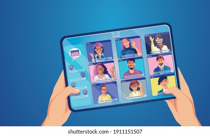 Businessmen use Video conference landing Working top view People on window screen taking with colleagues. remote working Videoconferencing and online meeting workspace page man woman learning Vector