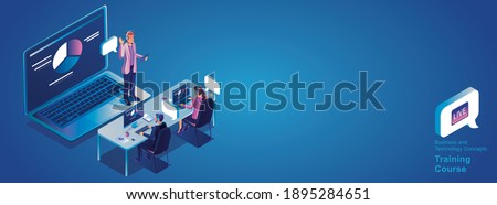 Businessmen use Video conference landing Working People on window screen taking with colleagues. Videoconferencing and online meeting workspace page, man and woman learning Vector illustration, Flat	