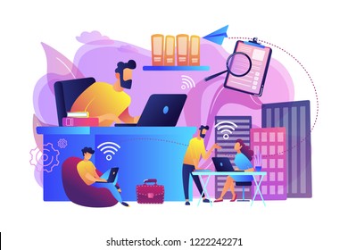 Businessmen use workspace with Wi-Fi reserved on-demand for work, meeting. On-demand workspace, dedicated meeting room, business workspace concept. Bright vibrant violet vector isolated illustration
