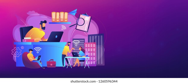 Businessmen use workspace with Wi-Fi reserved on-demand for work, meeting. On-demand workspace, dedicated meeting room, business workspace concept. Header or footer banner template with copy space.