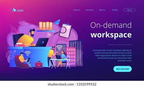 Businessmen use workspace with Wi-Fi reserved on-demand for work, meeting. On-demand workspace, dedicated meeting room, business workspace concept. Website vibrant violet landing web page template.