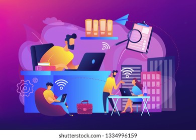 Businessmen use workspace with Wi-Fi reserved on-demand for work, meeting. On-demand workspace, dedicated meeting room, business workspace concept. Bright vibrant violet vector isolated illustration