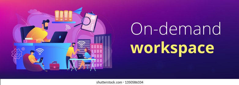 Businessmen use workspace with Wi-Fi reserved on-demand for work, meeting. On-demand workspace, dedicated meeting room, business workspace concept. Header or footer banner template with copy space.