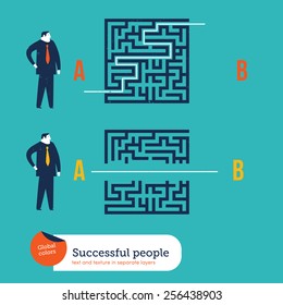 Businessmen using different ways to go out from a maze. Vector illustration Eps10 file. Global colors. Text and Texture in separate layers.