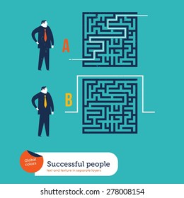 Businessmen using different ways to go out of a maze. Vector illustration Eps10 file. Global colors. Text and Texture in separate layers.