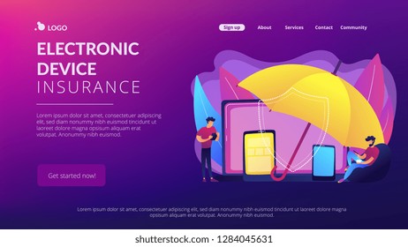 Businessmen using electronic equipment under umbrella protection. Electronic device insurance, phone insurance policy, new insurance trend concept. Website vibrant violet landing web page template.