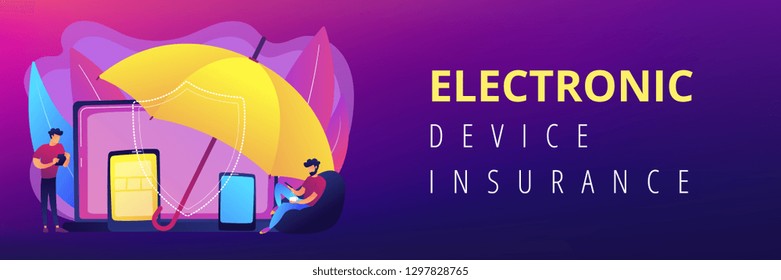 Businessmen using electronic equipment under umbrella protection. Electronic device insurance, phone insurance policy. Header or footer banner template with copy space.