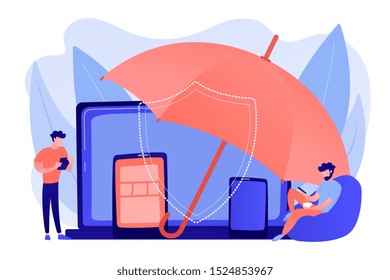 Businessmen using electronic equipment under umbrella protection. Electronic device insurance, phone insurance policy, new insurance trend concept. Pinkish coral bluevector isolated illustration