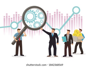 Businessmen using magnifying glass to study the the stock market. Market corporate analytics. Flat vector illustration.