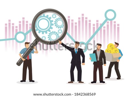 Businessmen using magnifying glass to study the the stock market. Market corporate analytics. Flat vector illustration.