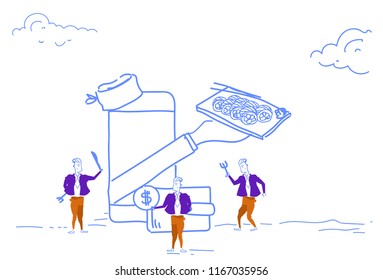 businessmen using mobile application fresh vegetable salad cooking concept online recipes smartphone chef cap business people team working process sketch doodle horizontal vector illustration