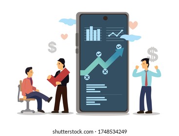 Businessmen using mobilephone analyzing sales data and economic growth graph chart. Business strategy, digital marketing or investment concept. Flat cartoon character vector illustration isolated.