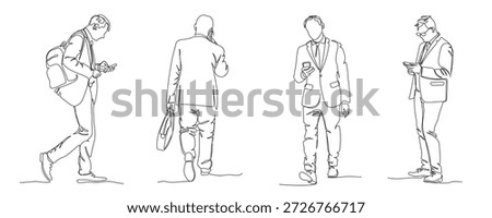 Businessmen using phones walking set. Wear suits. Continuous line drawing. Black and white vector illustration in line art style. Editable stroke.