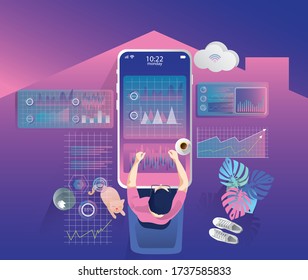 Businessmen using smartphones for looks at growth statistics. marked checklist on-screen, Successful completion of business tasks, Vector illustration.Concept of marketing digital technology.