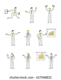Businessmen in various poses actions.