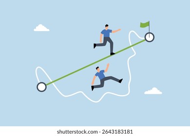 Businessmen vie with sage who navigates straightforward path while others struggle along challenging, unclear route. 