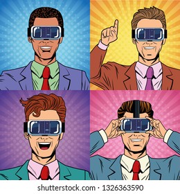 Businessmen virtual reality pop art cartoon