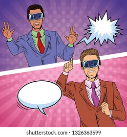 Businessmen virtual reality pop art cartoon