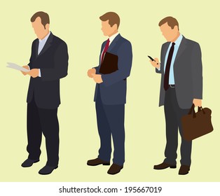 Businessmen Waiting In Line Using Cell Phone or Reading