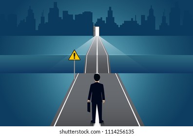 Businessmen walk go on the road there is a gap between the path with go to the door. business concept of challenge problem solving. leadership. creative idea. vector illustration