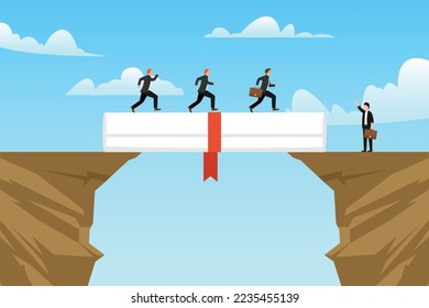 businessmen walk on education degree scroll as bridge to cross the gap 2d vector illustration concept for banner, website, illustration, landing page, flyer, etc