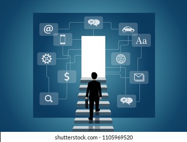 Businessmen walk up the stair to the door. step up the ladder to success goal in life and progress in the job. of the highest organization. business finance concept. icon. vector illustration