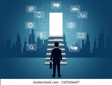 Businessmen walk up the stair to the door. step up the ladder to success goal in life and progress in the job. of the highest organization. business finance concept. icon. vector illustration