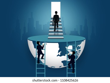 Businessmen walk up the stair to the door. step up the ladder to success goal in life and progress in the job. business finance concept. icon. world vector illustration