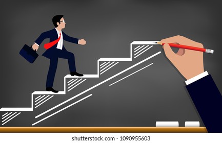 Businessmen walk up the stair to the goal drawing  blackboard background  btep up the ladder to success     progress in the job  business finance Concept  Vector illustration