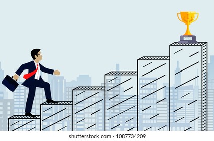 Businessmen walk up the stair to the goal. on city background. Step up the ladder to success,  and progress in the job. Of the highest organization. Business Finance Concept. Vector illustration