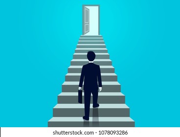 Businessmen walk up the stairs to the door. Step up the ladder to success goal in life and progress in the job. Of the highest organization. Business Finance Concept. Vector illustrations