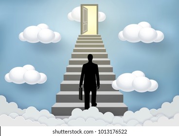Businessmen walk up the stairs to the sky door. Step up the ladder to success, goal in life, and progress in the job. Of the highest organization. Business Finance Concepts. Vector illustrations