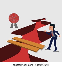 Businessmen walked up the plank to cross the area into a deep abyss,the concept of decision making over obstacles.