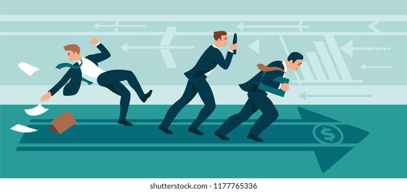 Businessmen Walking Against The Wind In A Goal. Businessmen Overcome Resistance. Against Obstacles Cartoon Vector Illustration