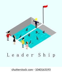 Businessmen walking on dangerous way over the sea and sharks,Leader ship concept,Vector.