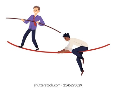 Businessmen Walking On The Rope And Trying To Keep Balance, Flat Vector Illustration Isolated On White Background. Office Worker With Balancing Stick. Man Falling Off The Tightrope.