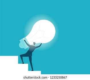 Businessmen walking up on the stairs with big light bulb.