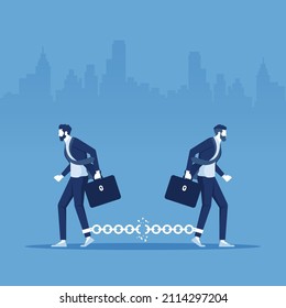 Businessmen walking in opposite direction and breaking the chain link between them, Conceptual of bad business relationship or splitting partnership