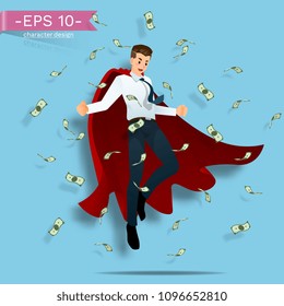 Businessmen wear a red cape flying in the air with a lot of banknotes.