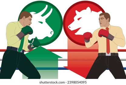 businessmen wearing boxing gloves boxing in a match between stock market symbols bear and bull isolated on a white background