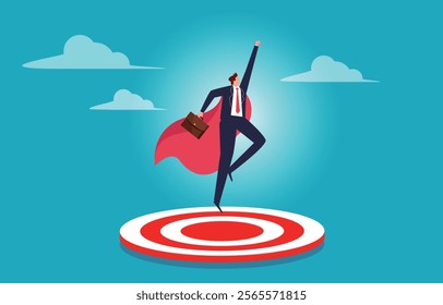 businessmen wearing capes bouncing off the bullseye and taking off