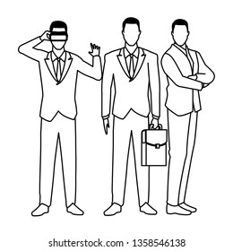 businessmen wearing virtual reality headset black and white