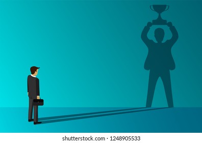 businessmen which a shadow standing holding a trophy of success on the wall. on blue background. Distinction and leadership. creative idea. cartoon vector illustration